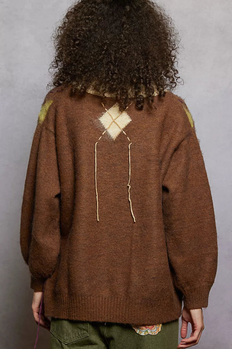 POL V-Neck Argyle Pattern Mohair Sweater with Contrast Exposed Stitch Detail - Xtreme Shopper