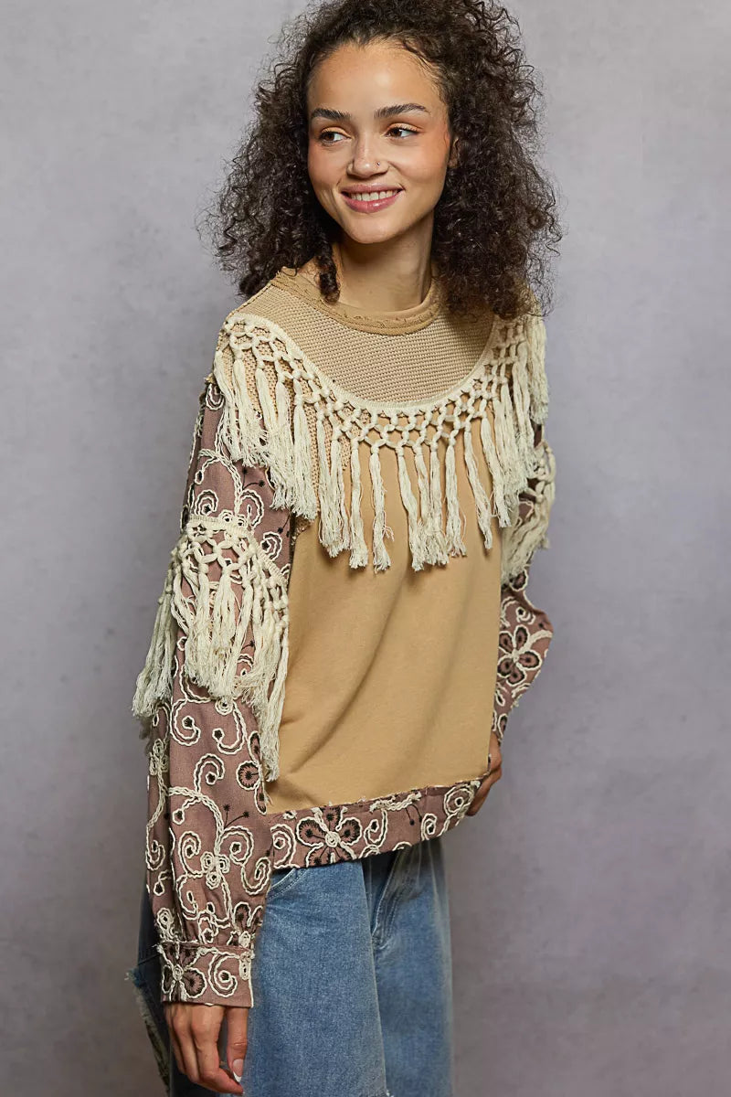 POL Boho Contrast Floral Embroidery Balloon Sleeve Top with Tassel Trim - Xtreme Shopper