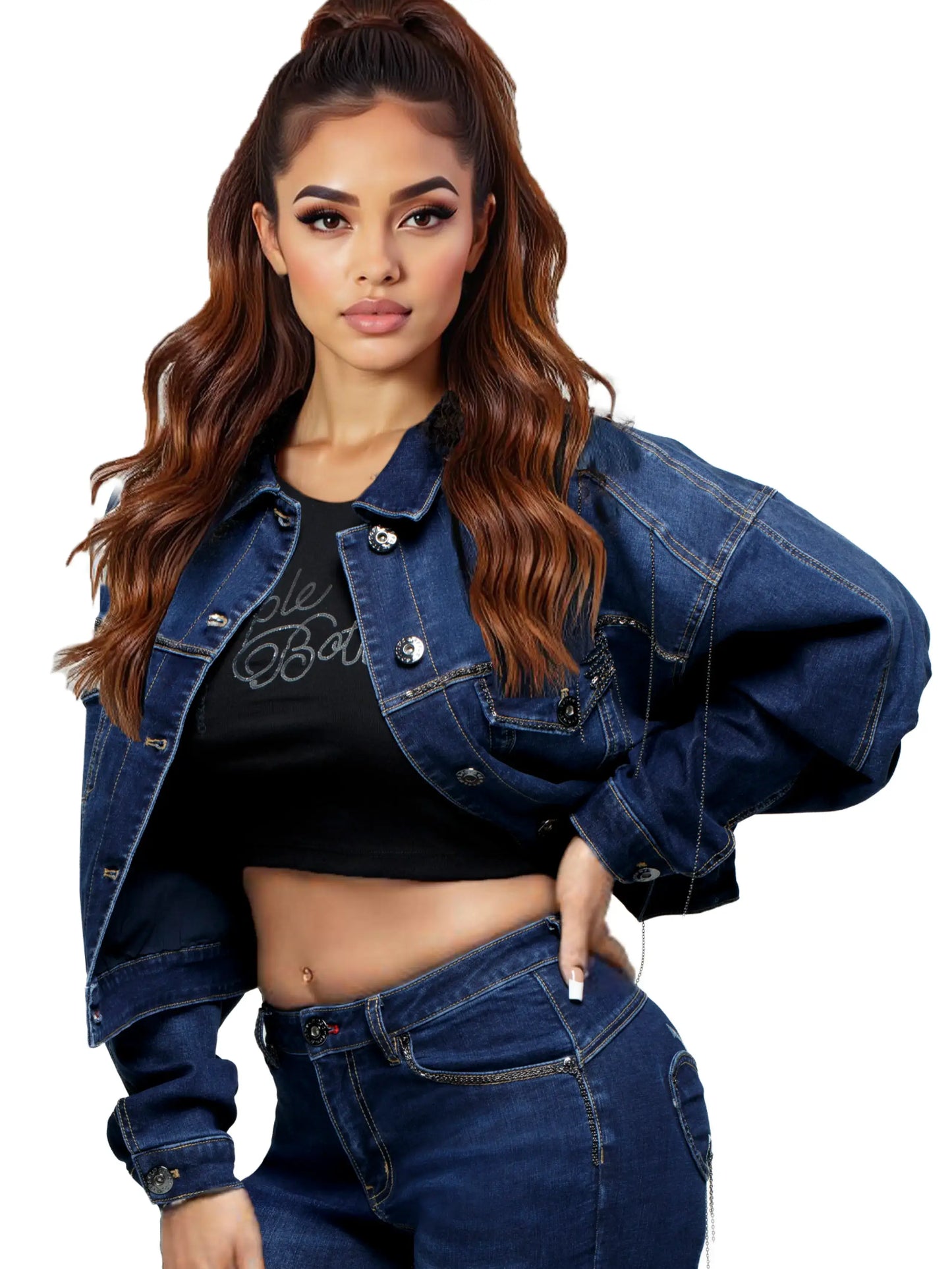 Cropped Chain Link Denim Jacket