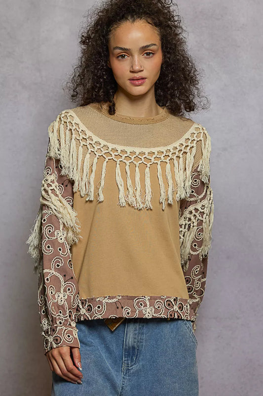 POL Boho Contrast Floral Embroidery Balloon Sleeve Top with Tassel Trim - Xtreme Shopper