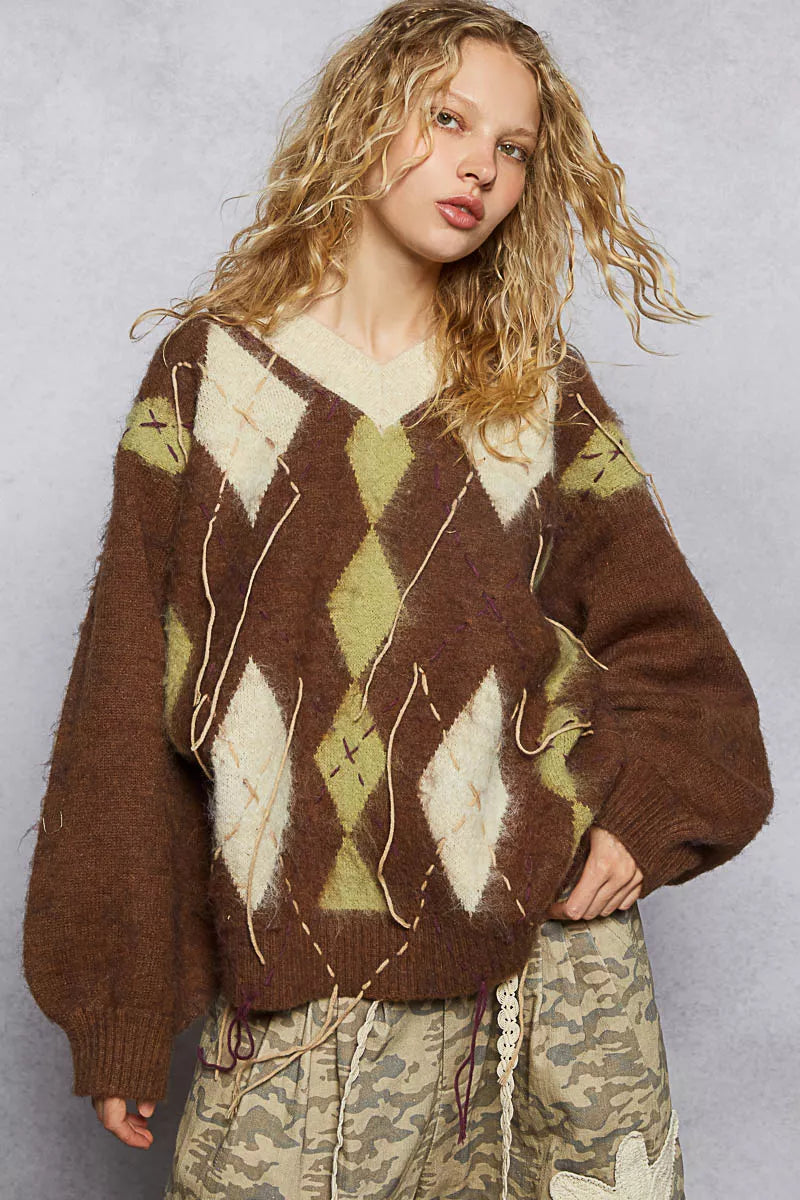 POL V-Neck Argyle Pattern Mohair Sweater with Contrast Exposed Stitch Detail - Xtreme Shopper