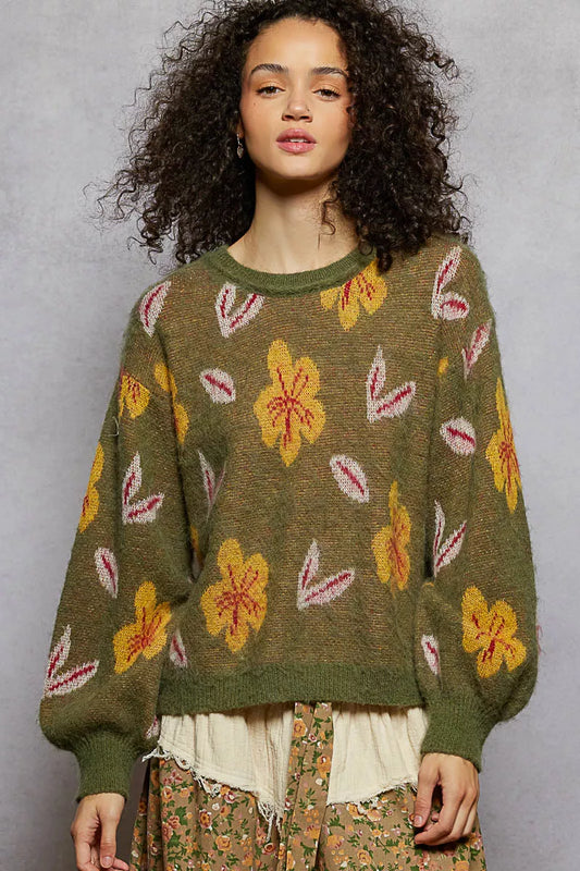 POL Floral Pattern Round Neck Balloon Sleeve Wool Blend Sweater - Xtreme Shopper