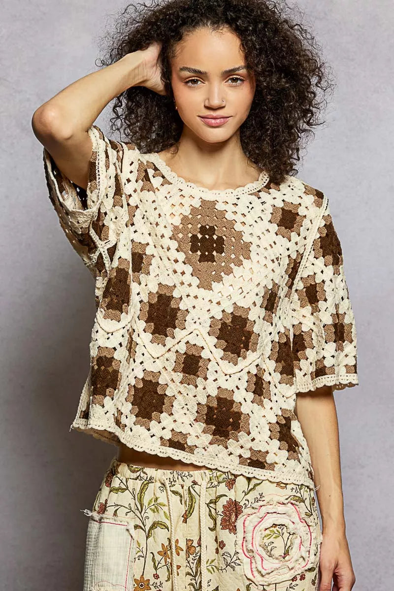 POL Boho Round Neck Short Sleeve Color Pattern Crochet Top with Border Accents - Xtreme Shopper