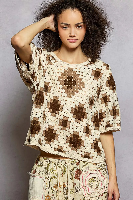 POL Boho Round Neck Short Sleeve Color Pattern Crochet Top with Border Accents - Xtreme Shopper