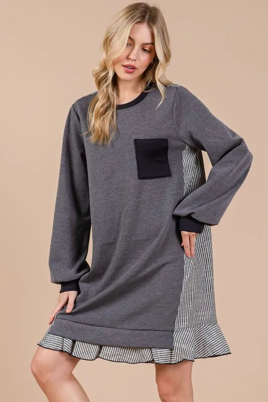 Ces Femme Striped Patchwork Round Neck Terry Sweatshirt Dress - Xtreme Shopper