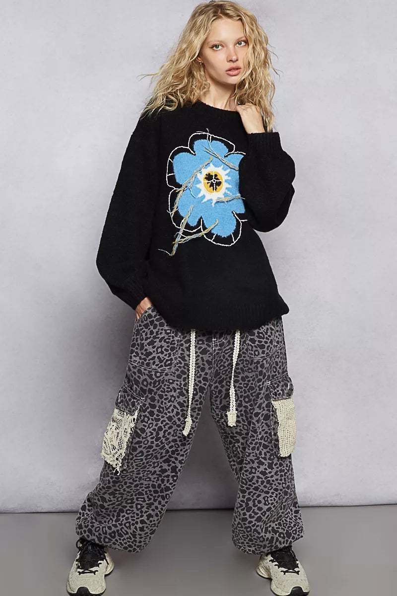 POL Floral Pattern Round Neck Sweater with Exposed Stitching - Xtreme Shopper