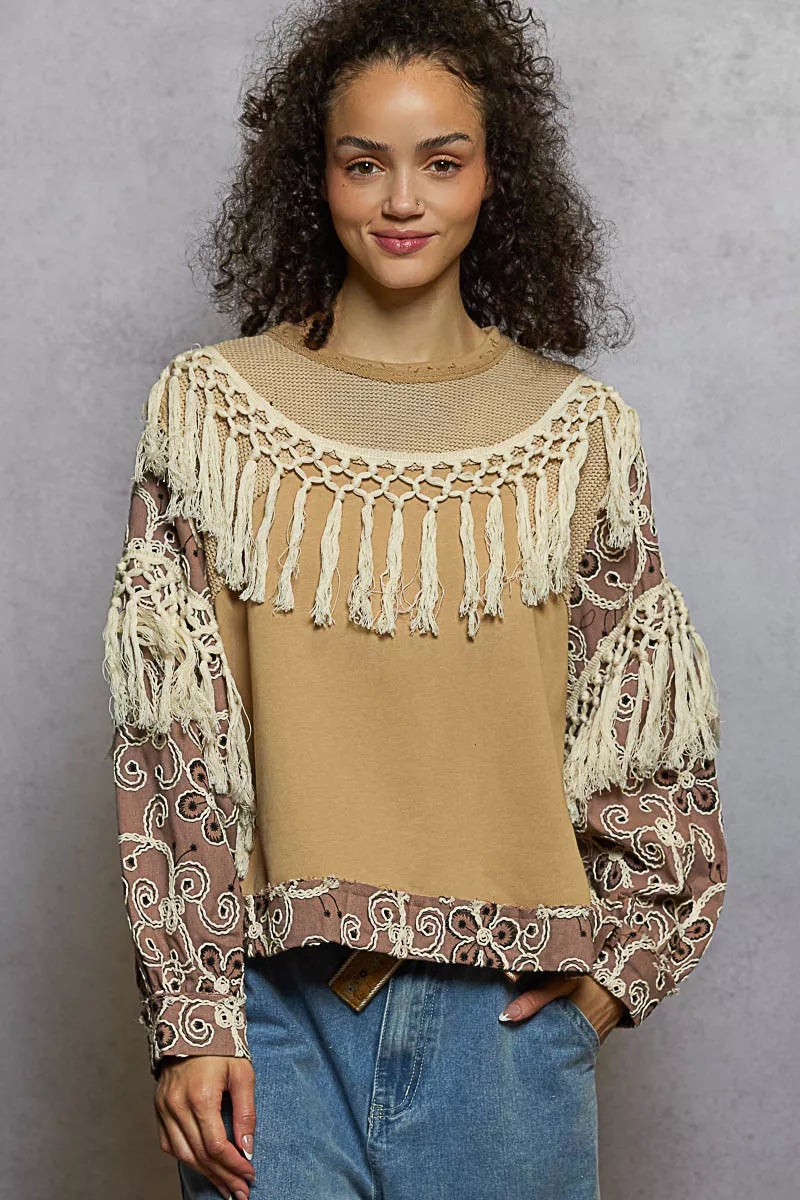 POL Boho Contrast Floral Embroidery Balloon Sleeve Top with Tassel Trim - Xtreme Shopper