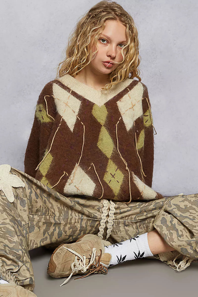POL V-Neck Argyle Pattern Mohair Sweater with Contrast Exposed Stitch Detail - Xtreme Shopper
