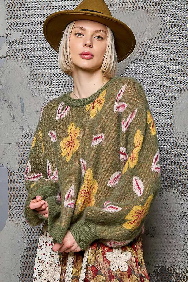 POL Floral Pattern Round Neck Balloon Sleeve Wool Blend Sweater - Xtreme Shopper