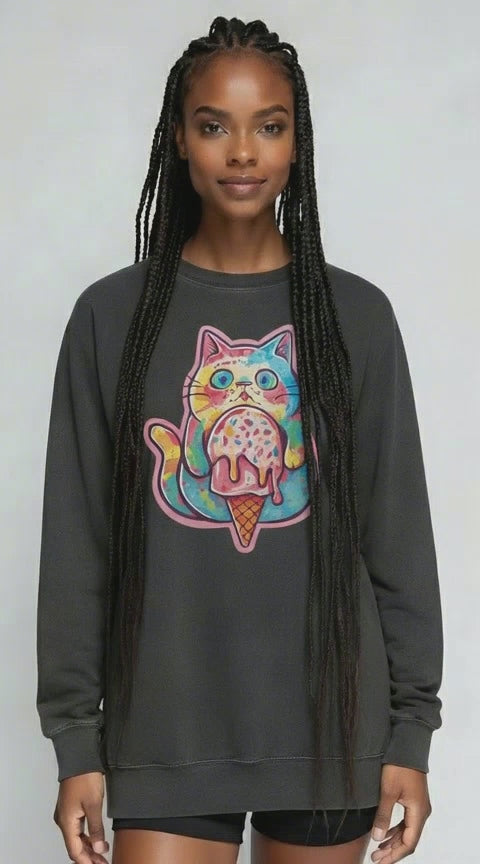 Kitty Haz Ice Cream Snow Washed Oversized Unisex Streetwear Sweatshirt